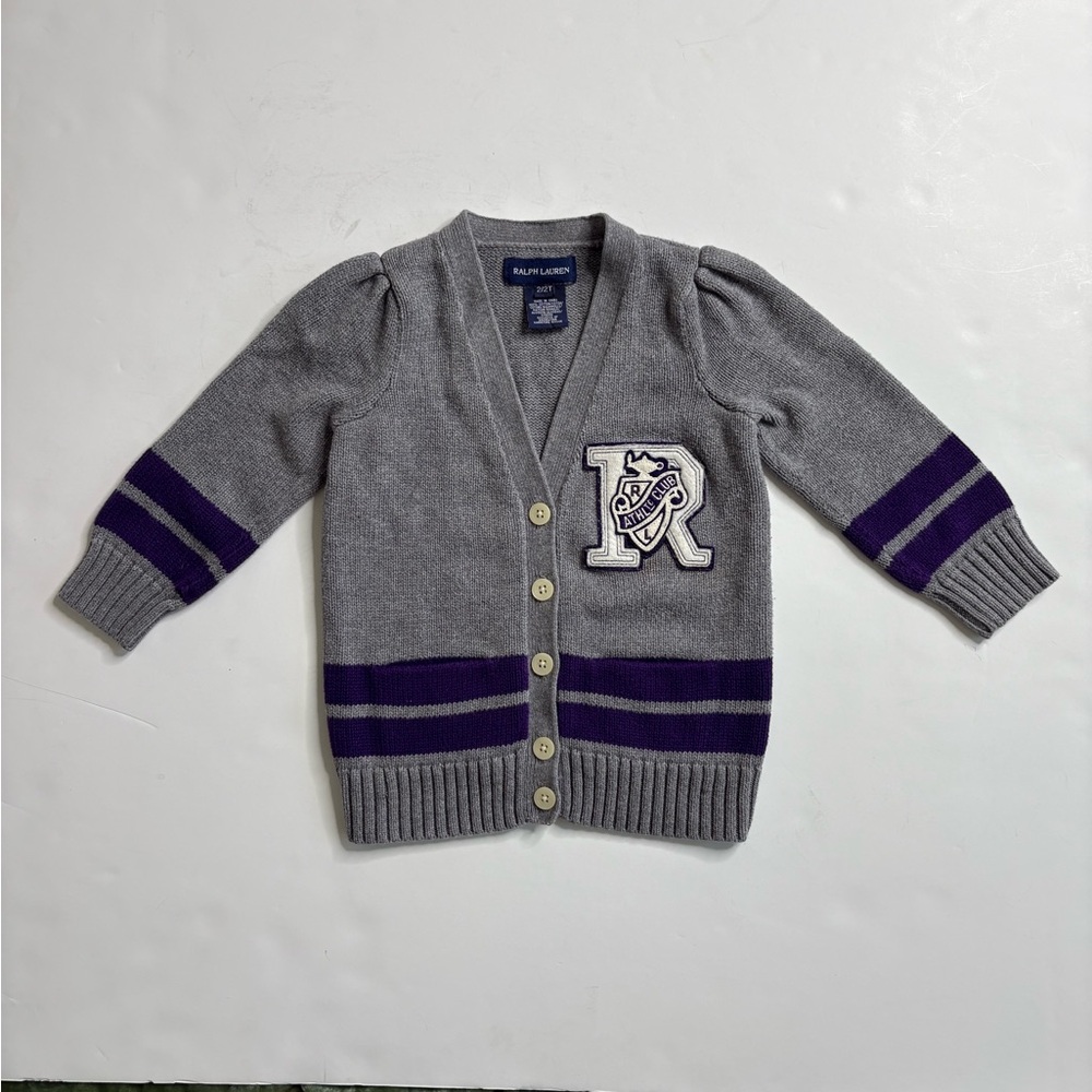 Ralph Lauren Kids Gray Cardigan with Purple Stripes